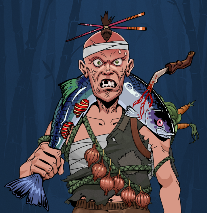 Angry Ikari — Degen Dojo NFT art (Shirtless Runt, Night Forest, Degens, Farmer, Angry Ikari, Hair Bun With Chopsticks, Dead Fish, Mint)