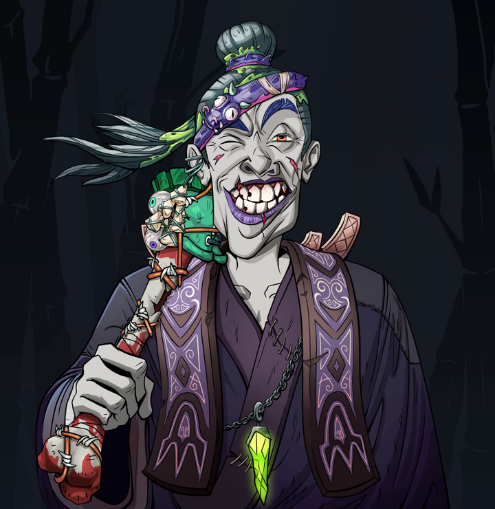 Cheery Haru — Degen Dojo NFT art (Foes Teeth, Night Forest, Demons, Dejen Apostate, Cheery Haru, Shirtless Runt, Long Flowing, Spiky Femur, Mint)