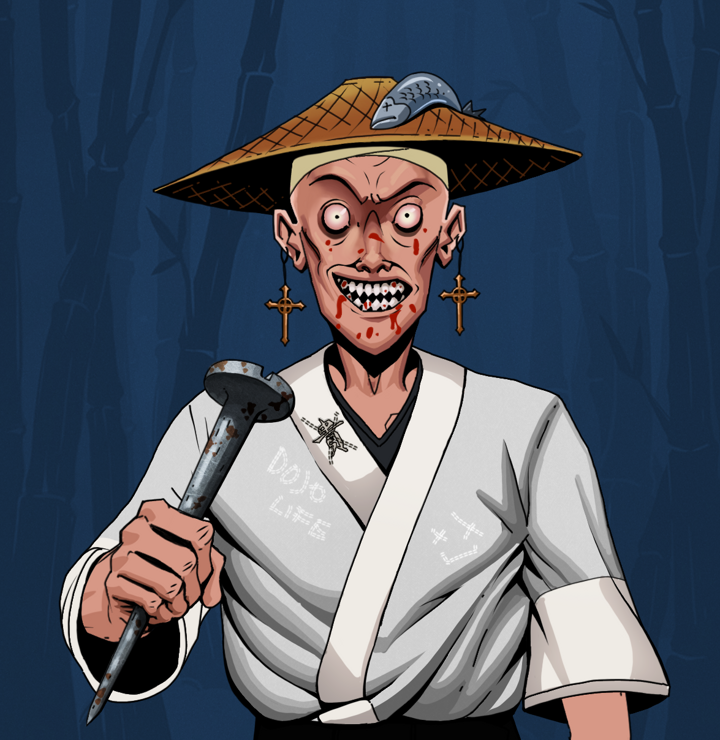 Assassin Fuzen — Degen Dojo NFT art (Jesuit Crosses, Night Forest, Degens, No Honor Kimono, Assassin Fuzen, Shirtless Runt, Wide Kasa Fisherman, Rusty Nail, Mint)