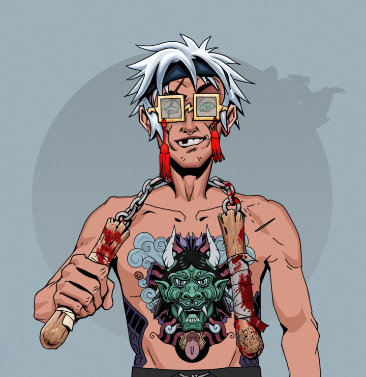One-Eyed Itsuki — Degen Dojo NFT art (Shirtless Runt, Grey Mist, Degens, Blue Oni Tattoo, One-Eyed Itsuki, Shoji Tassel Glasses, White Ruffian, Bloody Nunchucks, Mint)