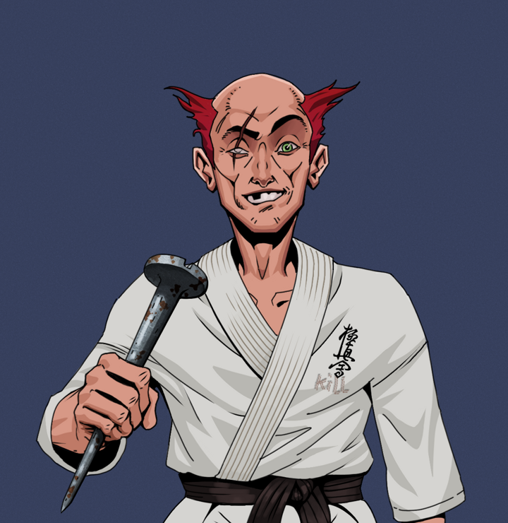 One-Eyed Itsuki — Degen Dojo NFT art (Shirtless Runt, Blue Evening, Degens, Student Gi, One-Eyed Itsuki, Red Heihachi, Rusty Nail, Mint)