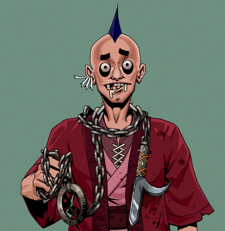 Drooling Azuma — Degen Dojo NFT art (Chicken Bones, Olive Green, Degens, Red Warrior Kimono, Drooling Azuma, Shirtless Runt, Mohawk Spike, Heavy Kyoketsu, Mint)