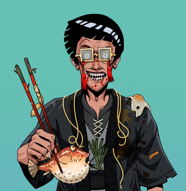 Assassin Fuzen — Degen Dojo NFT art (Shirtless Runt, Teal Daytime, Degens, Glutton Fight, Assassin Fuzen, Shoji Tassel Glasses, Rock Lee, Frightened Fugu, Mint)