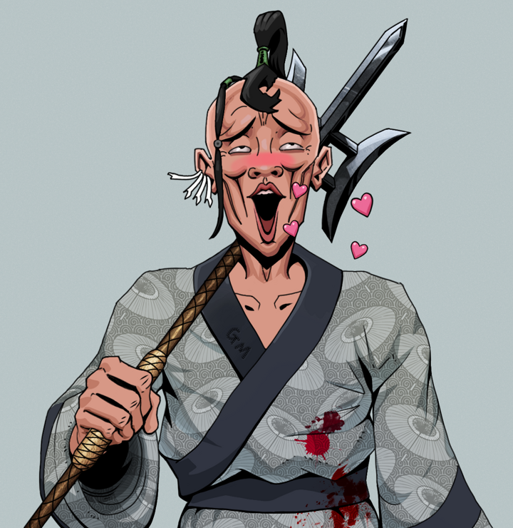 Lovey Haruto — Degen Dojo NFT art (Chicken Bones, Light Grey, Degens, Loose Parasol Kimono, Lovey Haruto, Shirtless Runt, Dejen Samurai, Bishamon Yari, Mint)