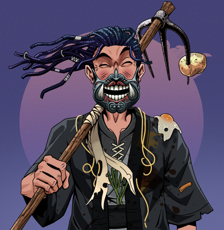 Cheery Haru — Degen Dojo NFT art (Shirtless Runt, Purple Night, Degens, Glutton Fight, Cheery Haru, Hannya Half Mask, Flowing Dreads, Farmers Hoe, Mint)