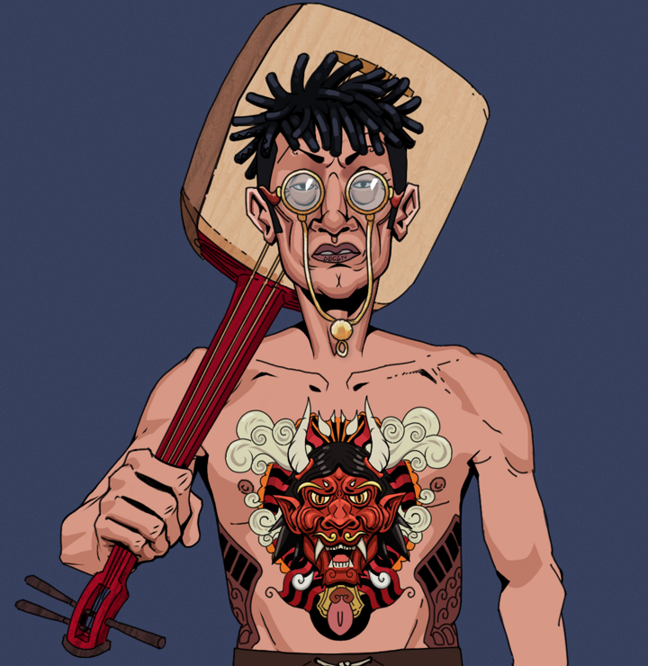 Goro — Degen Dojo NFT art (Shirtless Runt, Blue Evening, Degens, Red Oni Tattoo, Goro, Pompous Glasses, Black Bantu Knots, Shamisen, Mint)