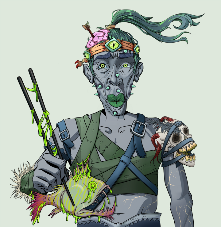 Gloomy Masumi — Degen Dojo NFT art (Shirtless Runt, Olive Green, Demons, Strap On Geta, Gloomy Masumi, Green Bandana, Frightened Fugu, Mint)