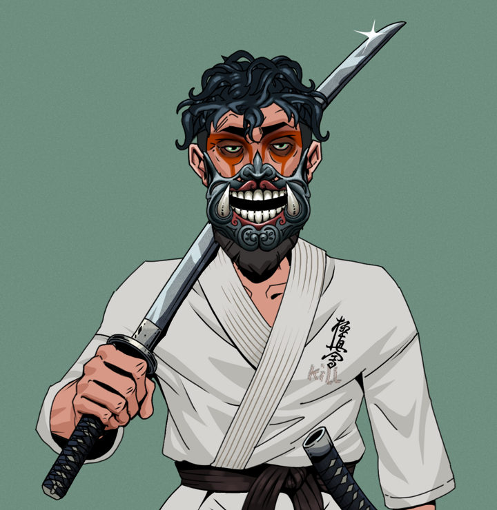 Oleg Of War — Degen Dojo NFT art (Shirtless Runt, Olive Green, Degens, Student Gi, Oleg Of War, Hannya Half Mask, Messy, Katana, Mint)