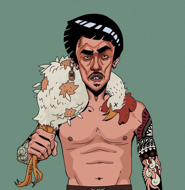 Gloomy Masumi — Degen Dojo NFT art (Dojo Paper Earring, Olive Green, Degens, Yakuza Tattoo Sleeves, Gloomy Masumi, Shirtless Runt, Rock Lee, Chicken, Mint)