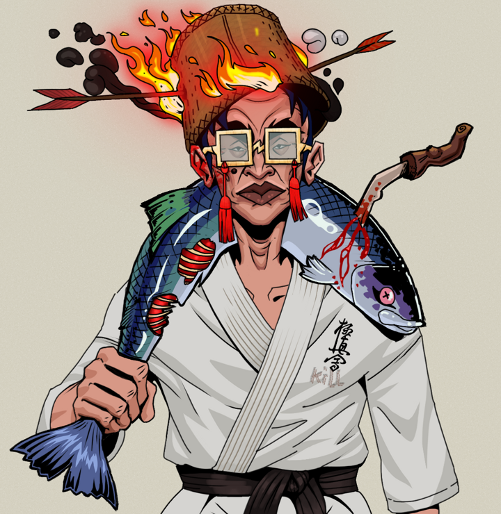 Young Yuji — Degen Dojo NFT art (Shirtless Runt, Warm Grey, Degens, Student Gi, Young Yuji, Shoji Tassel Glasses, Burning Basket, Dead Fish, Mint)