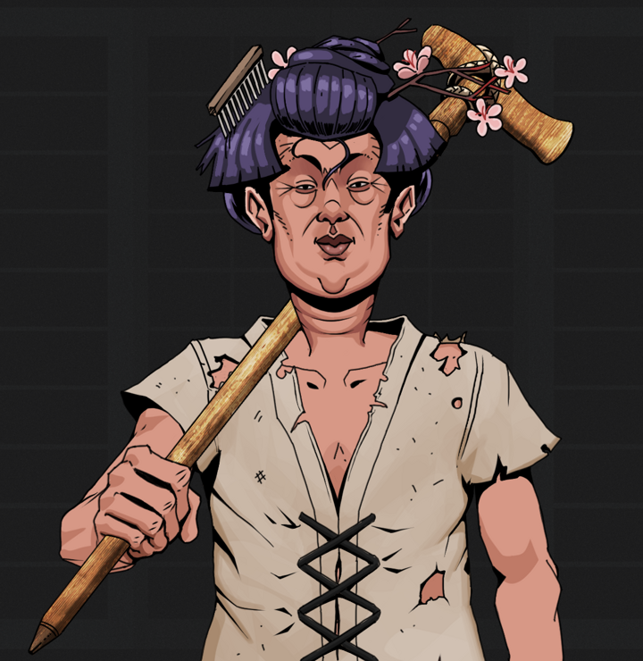 Fat Bob — Degen Dojo NFT art (Shirtless Runt, Shoji Night, Degens, Rice Sack Rags, Fat Bob, Disheveled Geisha, Wooden Walking Cane, Mint)