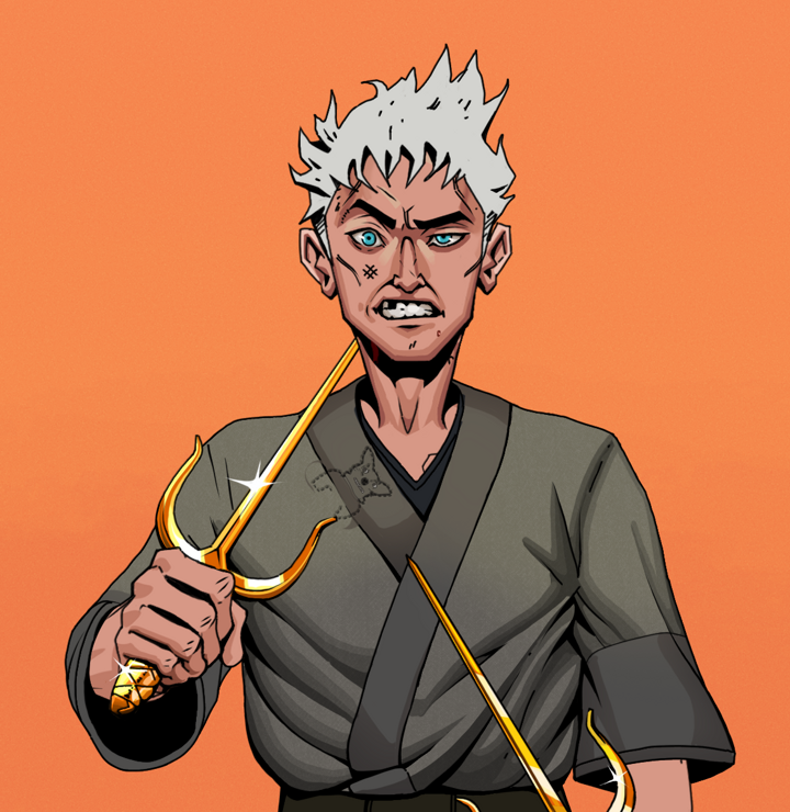 Akuma — Degen Dojo NFT art (Shirtless Runt, Orange Afternoon, Degens, Puppy Kimono, Akuma, Short Spiky Grey, Golden Sai, Mint)