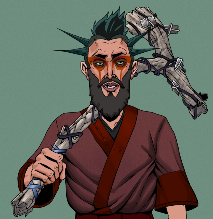 Oleg Of War — Degen Dojo NFT art (Shirtless Runt, Olive Green, Degens, Proud Dejen Kimono, Oleg Of War, Yakuza Ruffian, Large Branch, Mint)