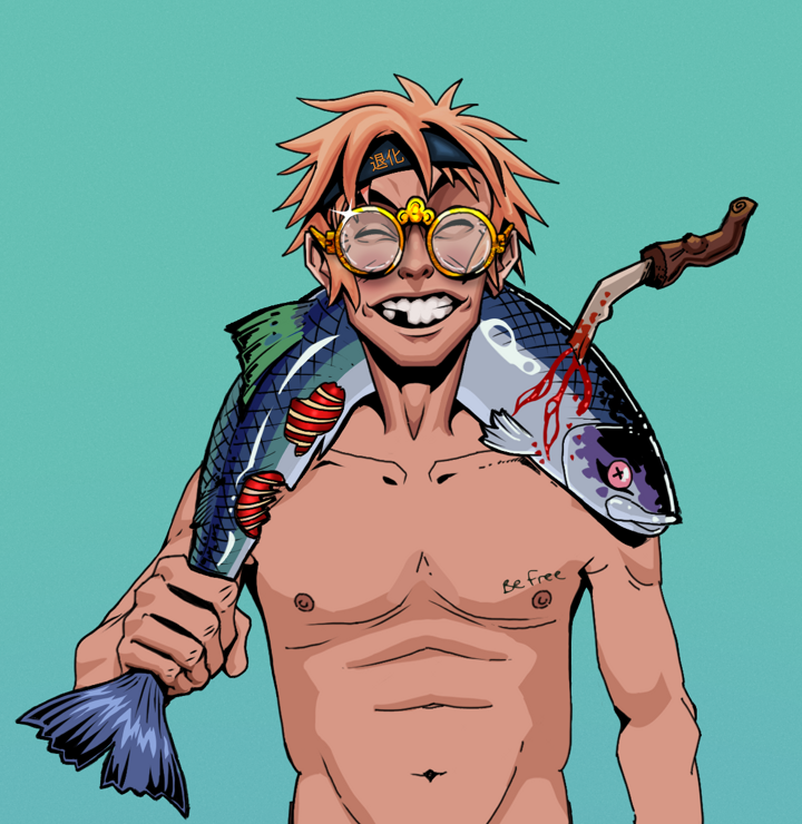 Cheery Haru — Degen Dojo NFT art (Shirtless Runt, Teal Daytime, Degens, Nudey Freak, Cheery Haru, Golden Glasses, Tiger Headband Ruffian, Dead Fish, Mint)