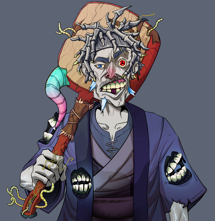 Akuma — Degen Dojo NFT art (Shirtless Runt, Shoji Night, Demons, Daimyo Warrior Kimono, Akuma, White Ruffian, Shamisen, Mint)