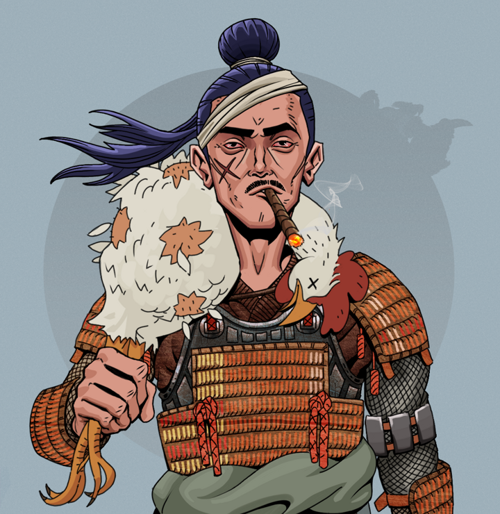 Raikou The Stoner — Degen Dojo NFT art (Shirtless Runt, Grey Mist, Degens, Tatami Tosei Gusoku, Raikou The Stoner, Long Flowing, Chicken, Mint)