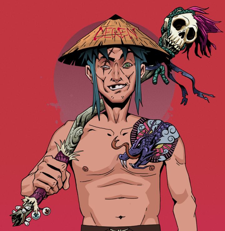 One-Eyed Itsuki — Degen Dojo NFT art (Shirtless Runt, Red High Moon, Degens, Dragon Head Tattoo, One-Eyed Itsuki, Degen Graffiti Rice Hat, Shaman Skull Staff, Mint)