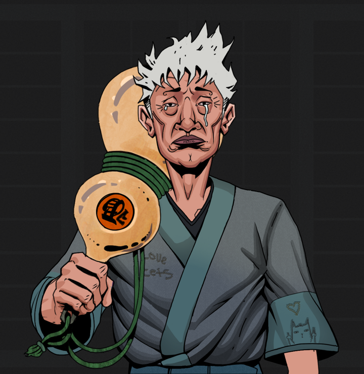 Teary Goro — Degen Dojo NFT art (Shirtless Runt, Shoji Night, Degens, Cet Kimono, Teary Goro, Short Spiky Grey, Giant Sake Bottle, Mint)