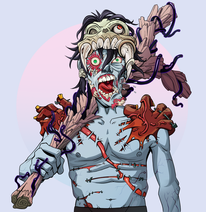 Tokuda — Degen Dojo NFT art (Shirtless Runt, Purple Night, Demons, Mercenary, Tokuda, Sabertooth Skull, Large Branch, Mint)