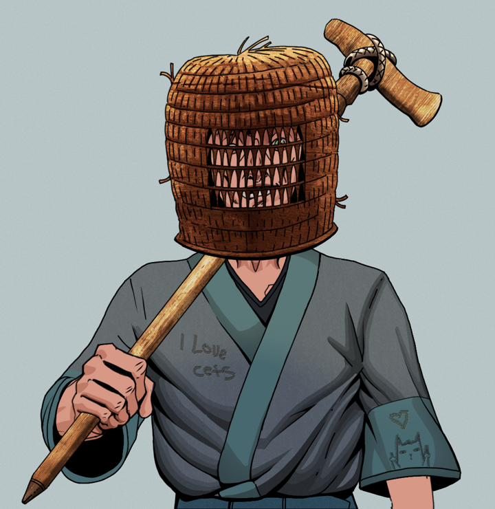 One-Eyed Itsuki — Degen Dojo NFT art (Shirtless Runt, Light Grey, Degens, Cet Kimono, One-Eyed Itsuki, Tengai Basket, Wooden Walking Cane, Mint)