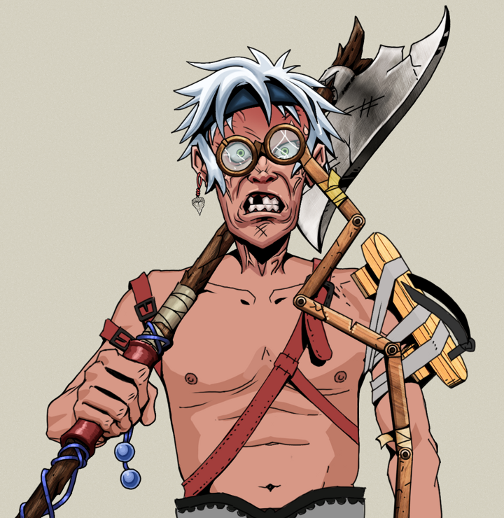 Angry Ikari — Degen Dojo NFT art (Shark Tooth, Warm Grey, Degens, Strap On Geta, Angry Ikari, Telescopic Glasses, White Ruffian, Broken Nagatina, Mint)
