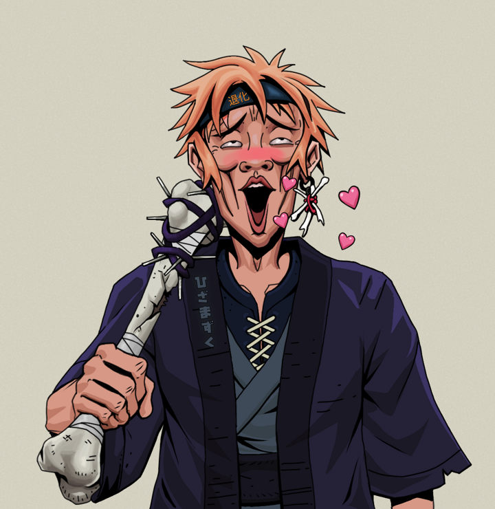 Lovey Haruto — Degen Dojo NFT art (Finger Bones, Warm Grey, Degens, Daimyo Warrior Kimono, Lovey Haruto, Shirtless Runt, Tiger Headband Ruffian, Spiky Femur, Mint)