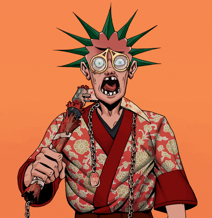Tokuda — Degen Dojo NFT art (Shirtless Runt, Orange Afternoon, Degens, Silken Sunflower Kimono, Tokuda, Pocket Glasses, Zapachi, Rusty Kusarigama, Mint)