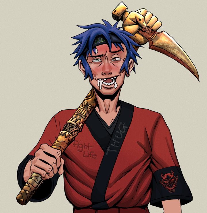 Yuuki — Degen Dojo NFT art (Shirtless Runt, Warm Grey, Degens, Red Oni Kimono, Yuuki, Bum Headband Ruffian, Bronze Fisted Sickle, Mint)