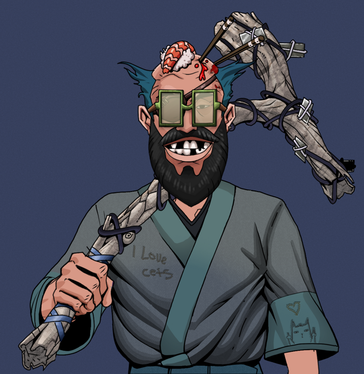 Igor The Veteran — Degen Dojo NFT art (Shirtless Runt, Blue Evening, Degens, Cet Kimono, Igor The Veteran, Shoji Glasses, Sushi Fight, Large Branch, Mint)