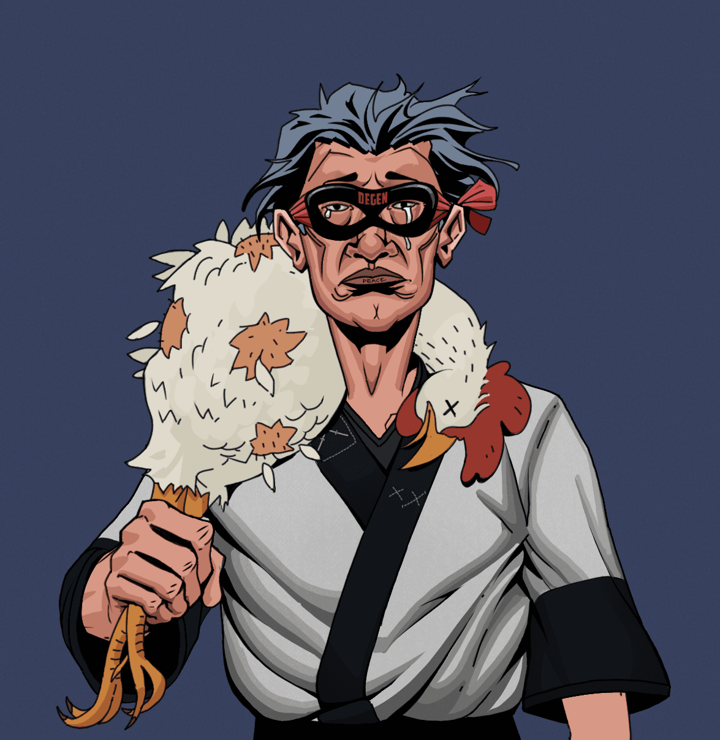 Teary Goro — Degen Dojo NFT art (Shirtless Runt, Blue Evening, Degens, Katana Kimono, Teary Goro, Degen Superhero, Wavy, Chicken, Mint)