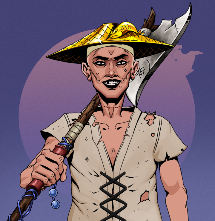 Junichiro Reborn — Degen Dojo NFT art (Shirtless Runt, Purple Night, Degens, Rice Sack Rags, Junichiro Reborn, Golden Kasa Fisherman, Broken Nagatina, Mint)
