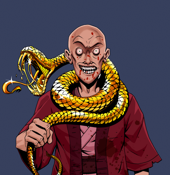 Assassin Fuzen — Degen Dojo NFT art (Shirtless Runt, Blue Evening, Degens, Red Warrior Kimono, Assassin Fuzen, Bald, Golden Snake, Mint)