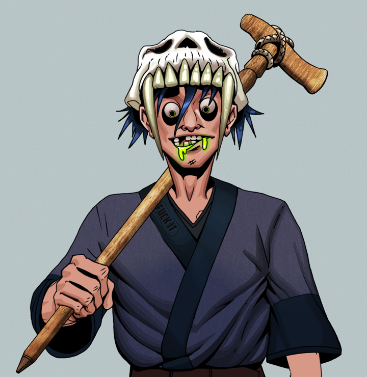 Toxic Azuma — Degen Dojo NFT art (Shirtless Runt, Light Grey, Degens, Fuck You Kimono, Toxic Azuma, Sabertooth Skull, Wooden Walking Cane, Mint)