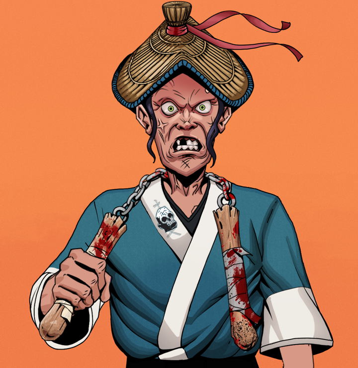 Angry Ikari — Degen Dojo NFT art (Shirtless Runt, Orange Afternoon, Degens, Skull Kimono, Angry Ikari, High Straw Rice Hat, Bloody Nunchucks, Mint)
