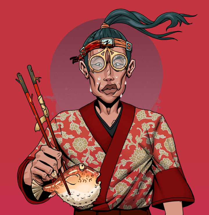 Stresshead Rin — Degen Dojo NFT art (Shirtless Runt, Red High Moon, Degens, Silken Sunflower Kimono, Stresshead Rin, Pocket Glasses, Green Bandana, Frightened Fugu, Mint)