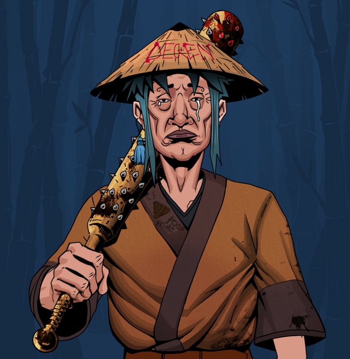 Teary Goro — Degen Dojo NFT art (Tassel, Night Forest, Degens, Poop Pride Kimono, Teary Goro, Shirtless Runt, Degen Graffiti Rice Hat, Yakuza Club, Mint)