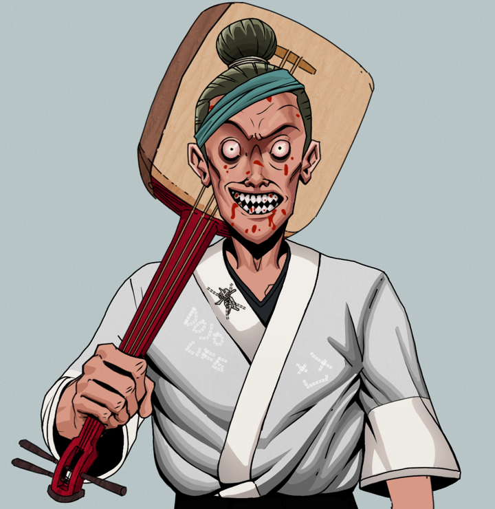 Assassin Fuzen — Degen Dojo NFT art (Shirtless Runt, Light Grey, Degens, No Honor Kimono, Assassin Fuzen, Hair Bun, Shamisen, Mint)