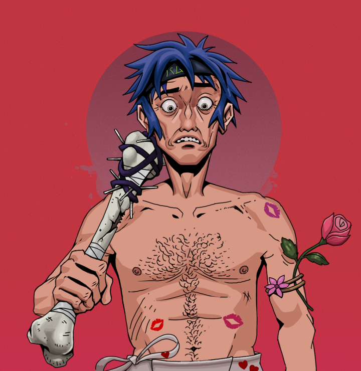 Shitless Botan — Degen Dojo NFT art (Shirtless Runt, Red High Moon, Degens, Womanizer, Shitless Botan, Bum Headband Ruffian, Spiky Femur, Mint)