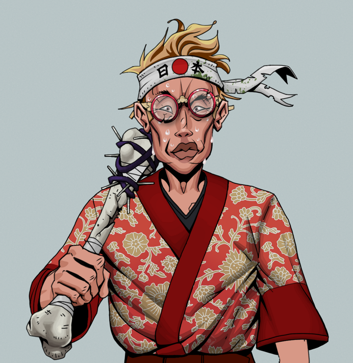 Stresshead Rin — Degen Dojo NFT art (Shirtless Runt, Light Grey, Degens, Silken Sunflower Kimono, Stresshead Rin, Broken Glasses, Karate Headband, Spiky Femur, Mint)