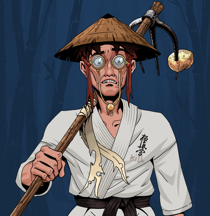 Shitless Botan — Degen Dojo NFT art (Shirtless Runt, Night Forest, Degens, Student Gi, Shitless Botan, Pompous Glasses, Rice Hat, Farmers Hoe, Mint)