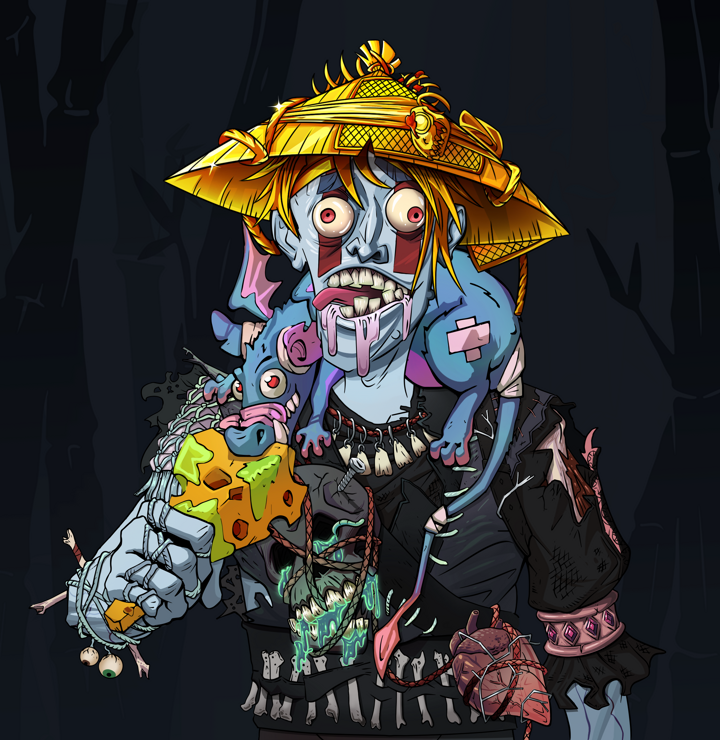 Drooling Azuma — Degen Dojo NFT art (Shirtless Runt, Night Forest, Demons, Warlock Wannabe, Drooling Azuma, Golden Kasa Fisherman, Mr. Rumi The Rat, Mint)