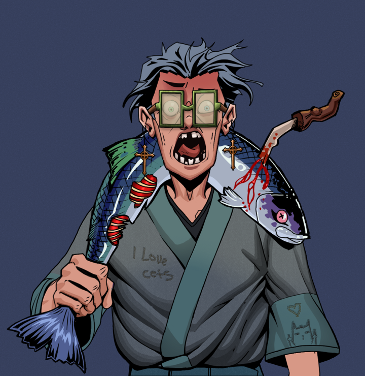 Tokuda — Degen Dojo NFT art (Jesuit Crosses, Blue Evening, Degens, Cet Kimono, Tokuda, Shoji Glasses, Wavy, Dead Fish, Mint)