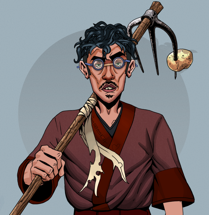 Gloomy Masumi — Degen Dojo NFT art (Shirtless Runt, Grey Mist, Degens, Proud Dejen Kimono, Gloomy Masumi, Spectacles, Messy, Farmers Hoe, Mint)