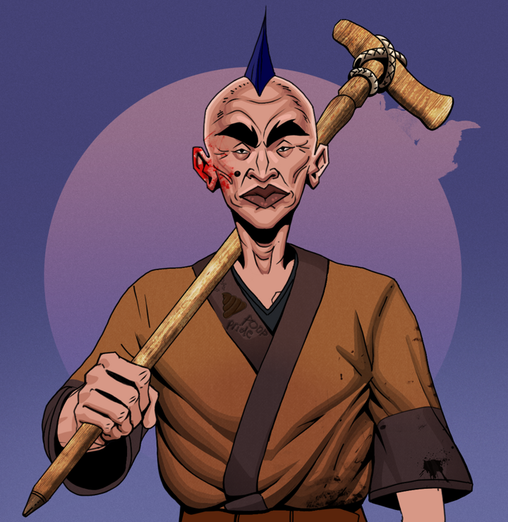 Young Yuji — Degen Dojo NFT art (Shirtless Runt, Purple Night, Degens, Poop Pride Kimono, Young Yuji, Mohawk Spike, Wooden Walking Cane, Mint)