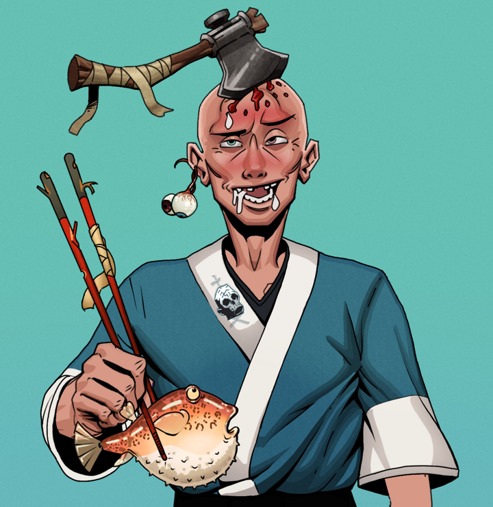 Yuuki — Degen Dojo NFT art (Shaman Eyes, Teal Daytime, Degens, Skull Kimono, Yuuki, Shirtless Runt, Splitting Axe Ache, Frightened Fugu, Mint)
