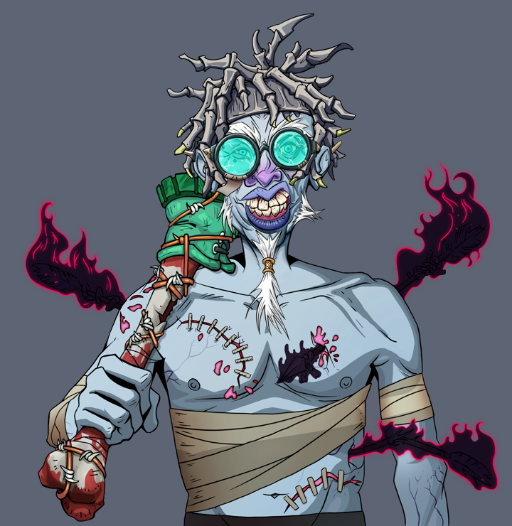 Yuji The Wise — Degen Dojo NFT art (Shirtless Runt, Shoji Night, Demons, Bloody Mess, Yuji The Wise, Bloodied Glasses, White Ruffian, Spiky Femur, Mint)