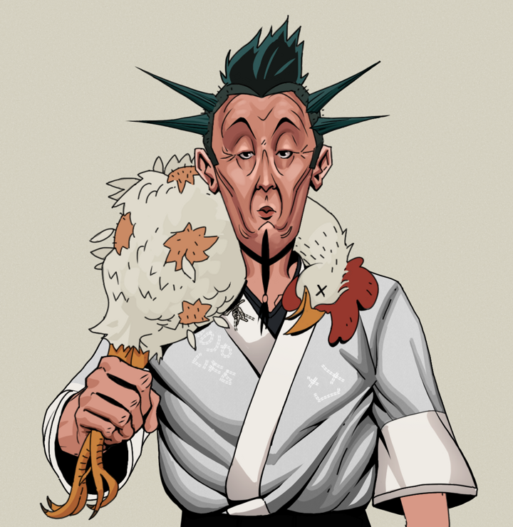 Edmundo — Degen Dojo NFT art (Shirtless Runt, Warm Grey, Degens, No Honor Kimono, Edmundo, Yakuza Ruffian, Chicken, Mint)