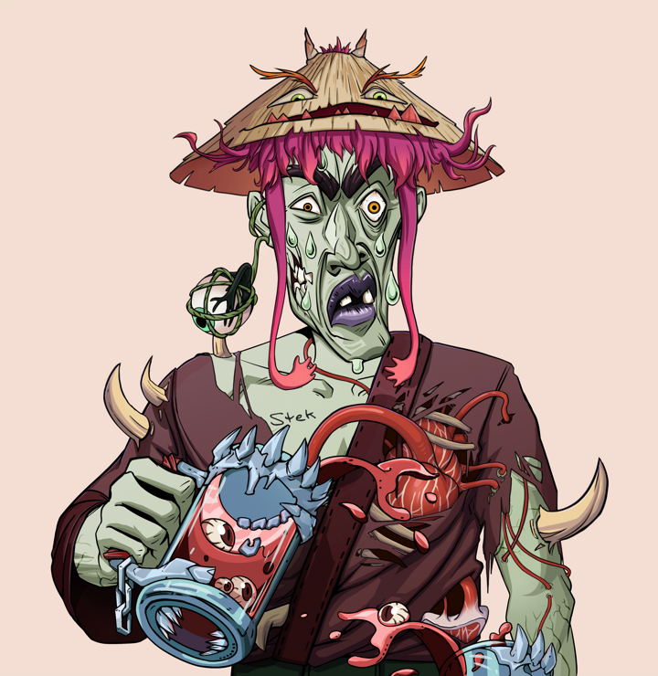 Stresshead Rin — Degen Dojo NFT art (Shaman Eyes, Orange Afternoon, Demons, Proud Dejen Kimono, Stresshead Rin, Shirtless Runt, Rice Hat, Beer Splash, Mint)