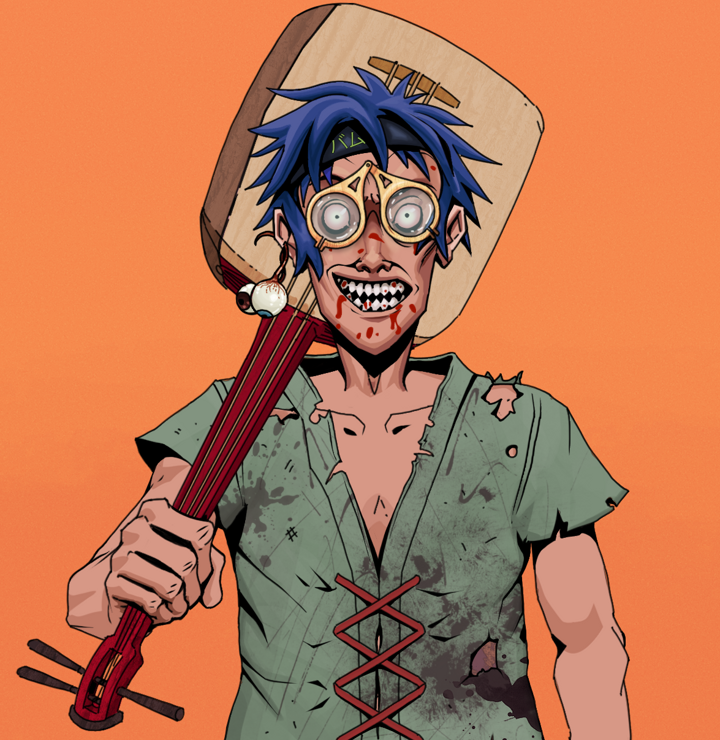 Assassin Fuzen — Degen Dojo NFT art (Shaman Eyes, Orange Afternoon, Degens, Dirty Peasant Rags, Assassin Fuzen, Pocket Glasses, Bum Headband Ruffian, Shamisen, Mint)