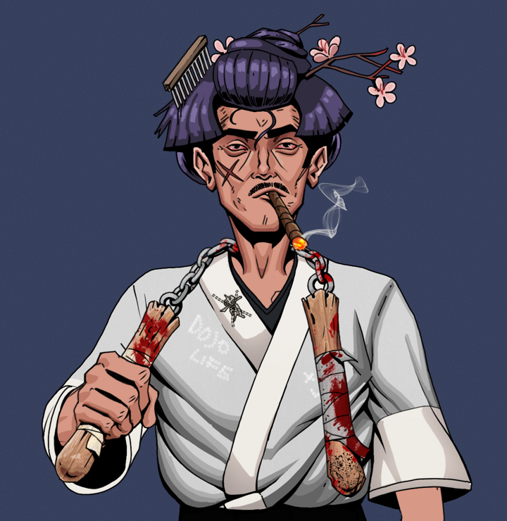 Raikou The Stoner — Degen Dojo NFT art (Shirtless Runt, Blue Evening, Degens, No Honor Kimono, Raikou The Stoner, Disheveled Geisha, Bloody Nunchucks, Mint)